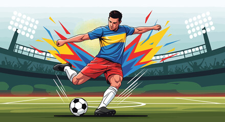 Dynamic illustration of a soccer player in action during a thrilling match on a brightly lit stadium field with explosive background effects