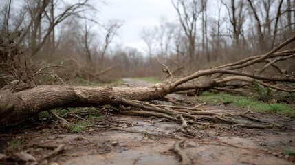 Fototapeta premium A large fallen tree trunk lies horizontally across a muddy forest path obstructing passage through the dense woodland with bare branches under an