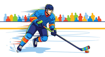 Dynamic illustration of an agile male ice hockey player swiftly skating across the ice rink, stickhandling the puck with intense focus during a fast-paced game cheered by a vibrant crowd silhouette