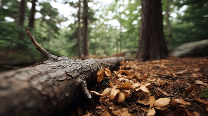 Obraz premium Fallen tree branch covered in dry leaves on a forest floor with blurred trees in the background