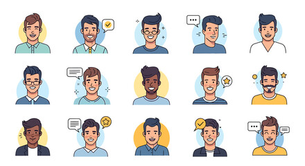 Collection of diverse cartoon user avatars with various expressions and communication elements for social media, web profiles, and modern app design projects