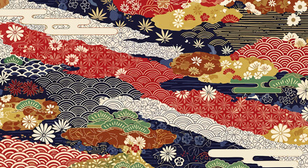 Vibrant Japanese Seigaiha Wave and Floral Pattern Art, Decorative Textile Design