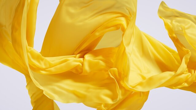 3d render. Abstract fashion background. Expressive yellow drapery floating and waving over a white. Silk piece of fabric is blown by the wind