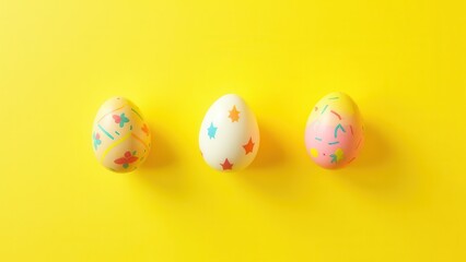 Fototapeta premium beautiful decorated easter eggs on yellow background flat lay spring holiday composition with colorful patterns festive minimal design