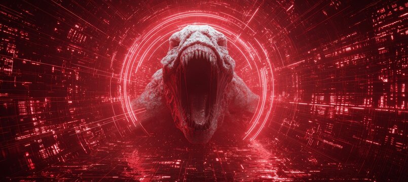 dinosaurs appear from dark red digital portal tunnel. Generative AI technology.