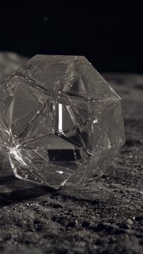 Vertical video: Tilting polyhedron rolling right on rough studio floor, revealing internal bubbles