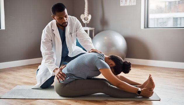 Therapist guiding woman through stretching exercises for physical rehabilitation and health recovery