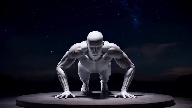 Faceless Marble Athlete Doing Push-Ups &ndash; Ultra-Realistic 3D Fitness Loop Under Cinematic Spotlight