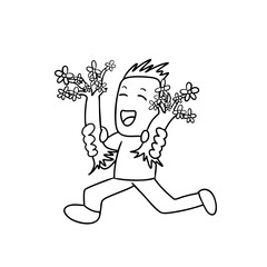 Happy person holding cherry blossom branches, joyful spring illustration