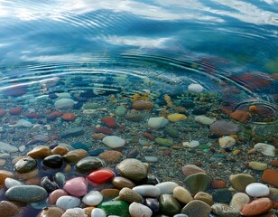 colorful smooth stones and pebbles on clear water surface with reflections and ripples