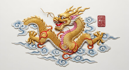 Obraz premium Magnificent golden Chinese dragon soaring through stylized clouds, a symbol of power and good fortune, perfect for Lunar New Year designs and cultural celebrations
