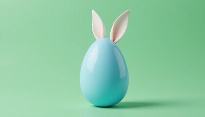 Fototapeta premium Easter holiday concept. A single blue egg with white bunny ears stands against a solid green background, decoration, spring season, festive, celebration, minimalist.