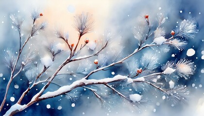 watercolor close up snowy twig soft cold