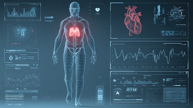 Futuristic medical healthcare interface showing full human body with highlighted internal organs, digital vital signs charts, ECG waves, blue HUD elements, clinical technology concept, isolated dark b