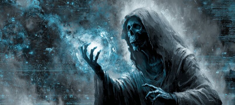 A death skull wizard do a sorcery magic. Generative AI technology.