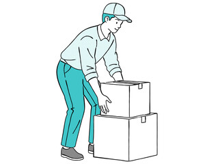 段ボール箱を持ち上げて運ぶ作業員の人物線画｜物流・引っ越し・倉庫作業・荷物運搬
