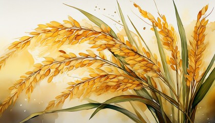 watercolor macro rice stalk with golden grains