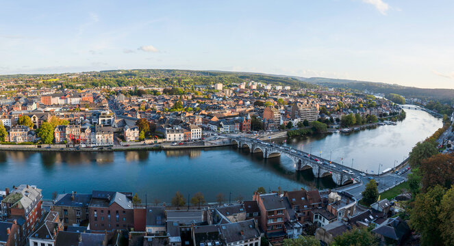 Panoramic Namur city view with Meuse river from the Citadel.