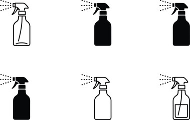 Obraz premium Spray bottle icon set featuring trigger sprayers in minimalist line art and solid black silhouettes for cleaning and gardening concepts.