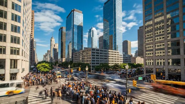 Dallas Skyline at Sunset - A Vibrant Urban Scene with Crowds and Skyscrapers.