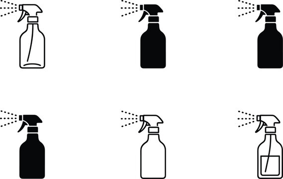 Spray bottle icon set featuring trigger sprayers in minimalist line art and solid black silhouettes for cleaning and gardening concepts.