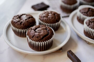 Homemade Chocolate Brownie Muffins, selective focus
