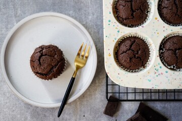 Homemade Chocolate Brownie Muffins, selective focus
