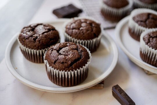 Homemade Chocolate Brownie Muffins, selective focus