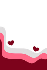 Abstract wavy fluid border in pink and burgundy with floating hearts, decorative transparent corner overlay for romantic social media posts and modern wedding invitations