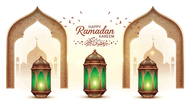 Ramadan kareem greeting with traditional lanterns and mosque arches