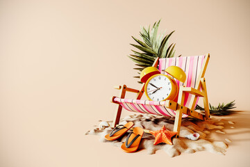 Time for summer vacation. Alarm clock in deck chair on sand beach with summer accessories. Last minute for summer travel. 3D Rendering, 3D Illustration