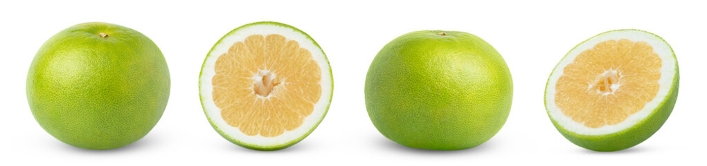 Collection of citrus sweetie grapefruit fruit and half of pomelo, pomelit or Oroblanco citrus fruit isolated.