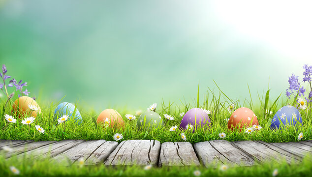 Five painted easter eggs celebrating a Happy Easter on a spring day with a green grass meadow, bright sunlight blue sky coloured background with copy space and a wooden bench to display products.