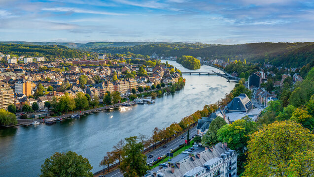 Panoramic Namur city view with Meuse river from the Citadel.