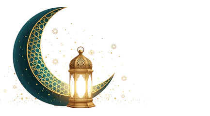 A gold lantern sitting on a crescent moon with a white background © Saharia
