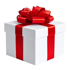 White gift box with shiny red ribbon bow isolated on transparent background