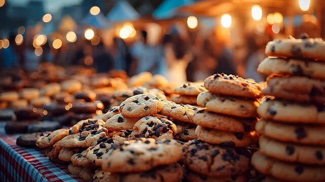 Outdoor bake sale table is filled with piles of assorted cookies like chocolate chip and sugar cookies with a blurred crowd in the background.