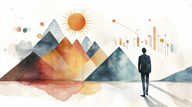 Watercolor abstract data journey with lone businessman facing geometric charts mountains and sun symbols muted earth tones textured paper conceptual finance growth vision
