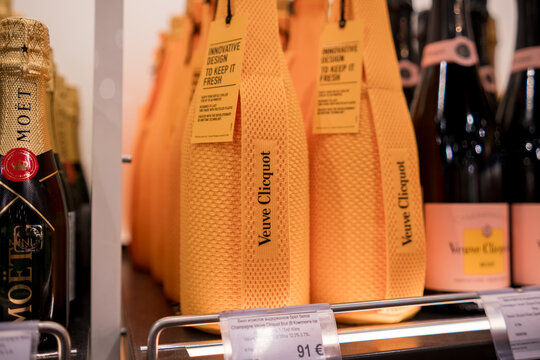 Moscow, Russia - January 25, 2026: Veuve Clicquot champagne bottles displayed on shelf with innovative design for freshness in retail setting
