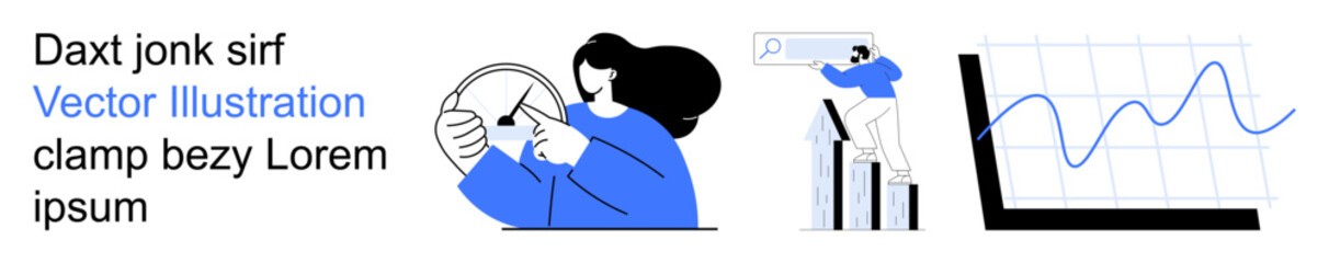 Business strategy, teamwork, data visualization, performance tracking, leadership, growth analysis. A woman working with gears and a graph with increasing trends. Business strategy and teamwork