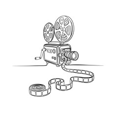 Vintage movie projector illustration in continuous line art style isolated on white background.
