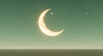 Sage green sky with crescent moon and water droplets ramadan kareem islamic eid mubarak background download 2026 2027