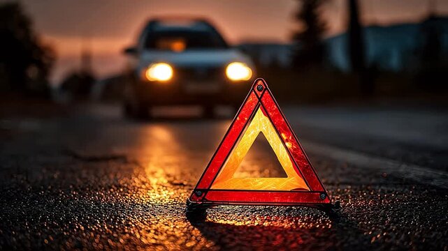 Red reflective warning triangle sits on an asphalt road with a car silhouette in the background and sunset lighting for safety concept.