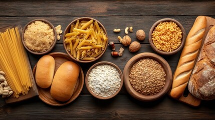 Fototapeta premium Rustic Wooden Background with Varied Ingredients for Baking and Cooking