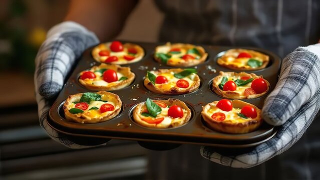 Person holding a tray of mini quiches with tomatoes and basil in a kitchen setting with oven mitts on