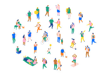 Naklejka na ściany i meble Isometric city people collection showing urban lifestyle: jogging, cycling, walking, delivery, yoga, relaxation, outdoor activities, and modern leisure design.