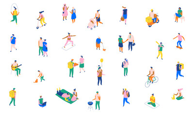 Obraz na płótnie Canvas Flat isometric urban lifestyle set: delivery workers, yoga, couples, families, children, cyclists, pets, friendship, sports, and diverse city people. Vector illustration.