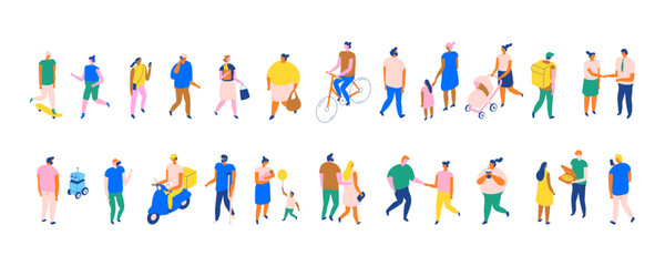 Fototapeta premium Panoramic banner with isometric people in colorful city life activities — walking, cycling, family, food delivery, fitness, urban lifestyle diversity illustration.