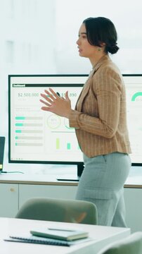Boardroom, nervous and business woman practice for meeting, presentation and proposal pitch. Screen, startup and anxious person pace in office for talking, rehearsal and prepare for public speaking