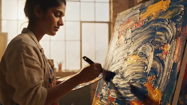 Inspired Female Artist Painting Abstract Expressionist Canvas with Thick Paint Strokes in Studio, Capturing Creative Flow and Artistic Passion